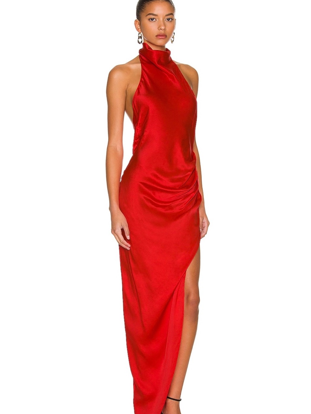 Amanda Uprichard Scarlet Halter Satin Maxi Dress with Side Slit - Picture 2 of 3